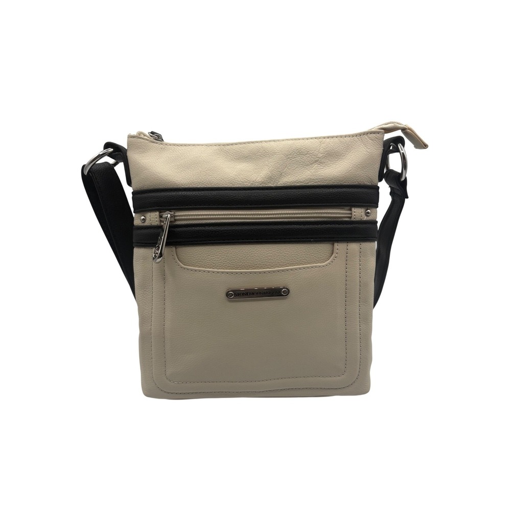 Stone Mountain Crossbody Bag Womens Small Cream Black Excellent Pebbled Leather - Picture 1 of 7